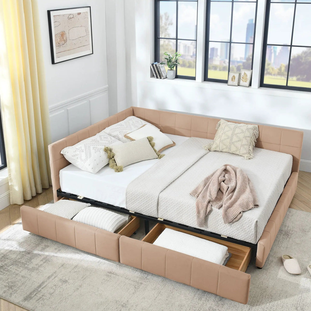 Mid-Century Storage Bed Frame | Upholstered Tufted Design | Backrest And Armrests | Bed Or Sofa Use