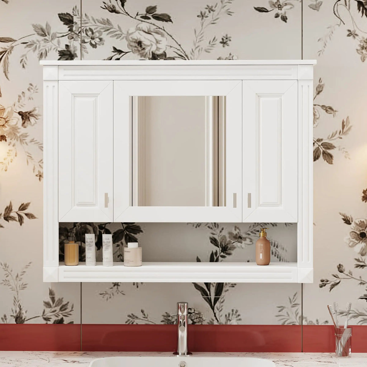 White Wall-Mounted Bathroom Cabinet | Mirror | Open Shelf | 35 Inch Width