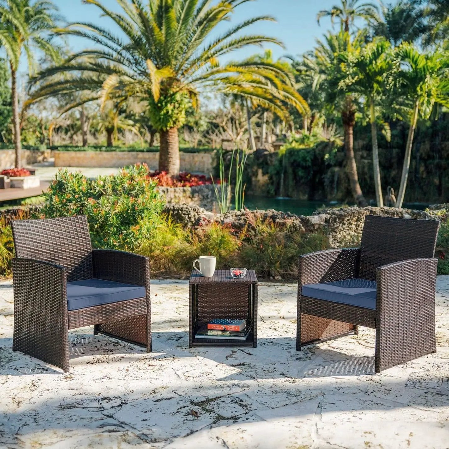 Wicker Outdoor Patio Set 3 Piece Bistro Brown Navy from PriceLows™