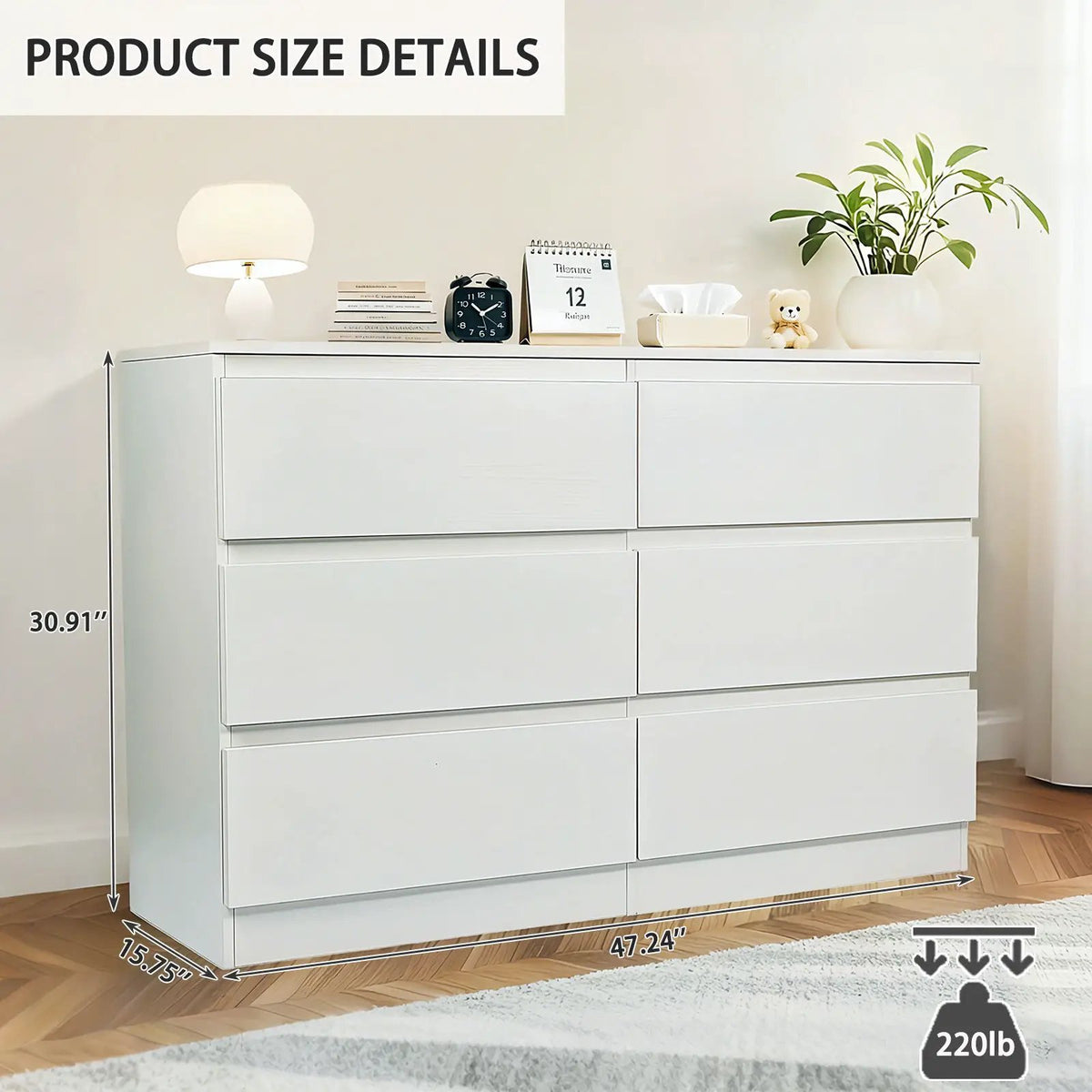 6 Drawer Dresser | Spacious Countertop | Concealed Handles | 47 Inch Width