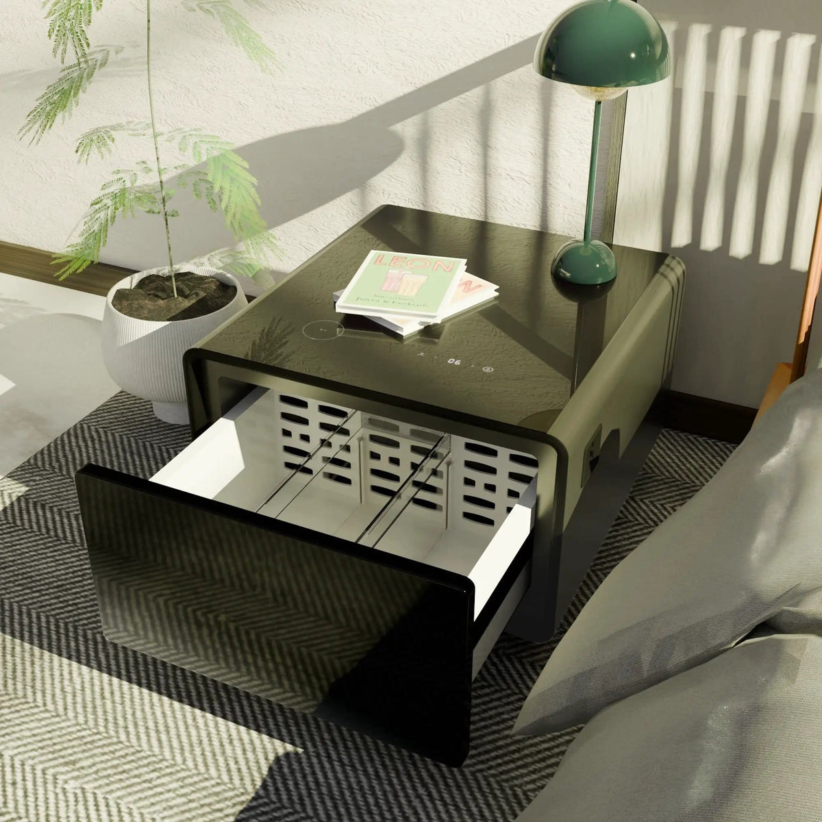 Modern Smart Side Table With Built-In Fridge, Wireless Charging, Temperature | 26.5 x 27.76 x 18.11 in | Living Room Furniture | Living Room