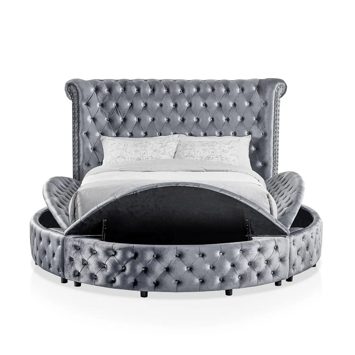 Glam Round Bed | Button Tufted Wingback Headboard | Storage | USB Ports
