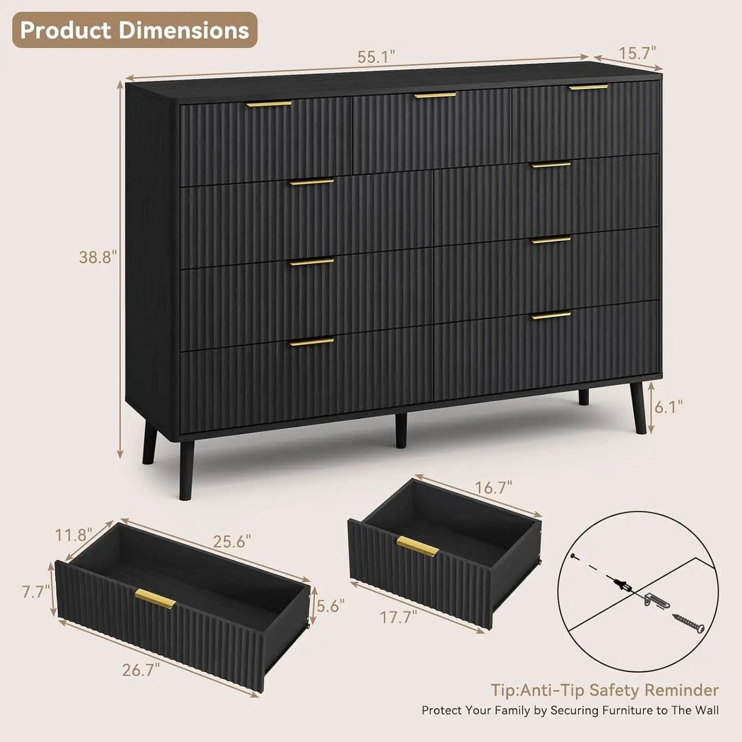 Fluted Nine Drawer Dresser 55 Inch Matte Black With Gold Handles from PriceLows™