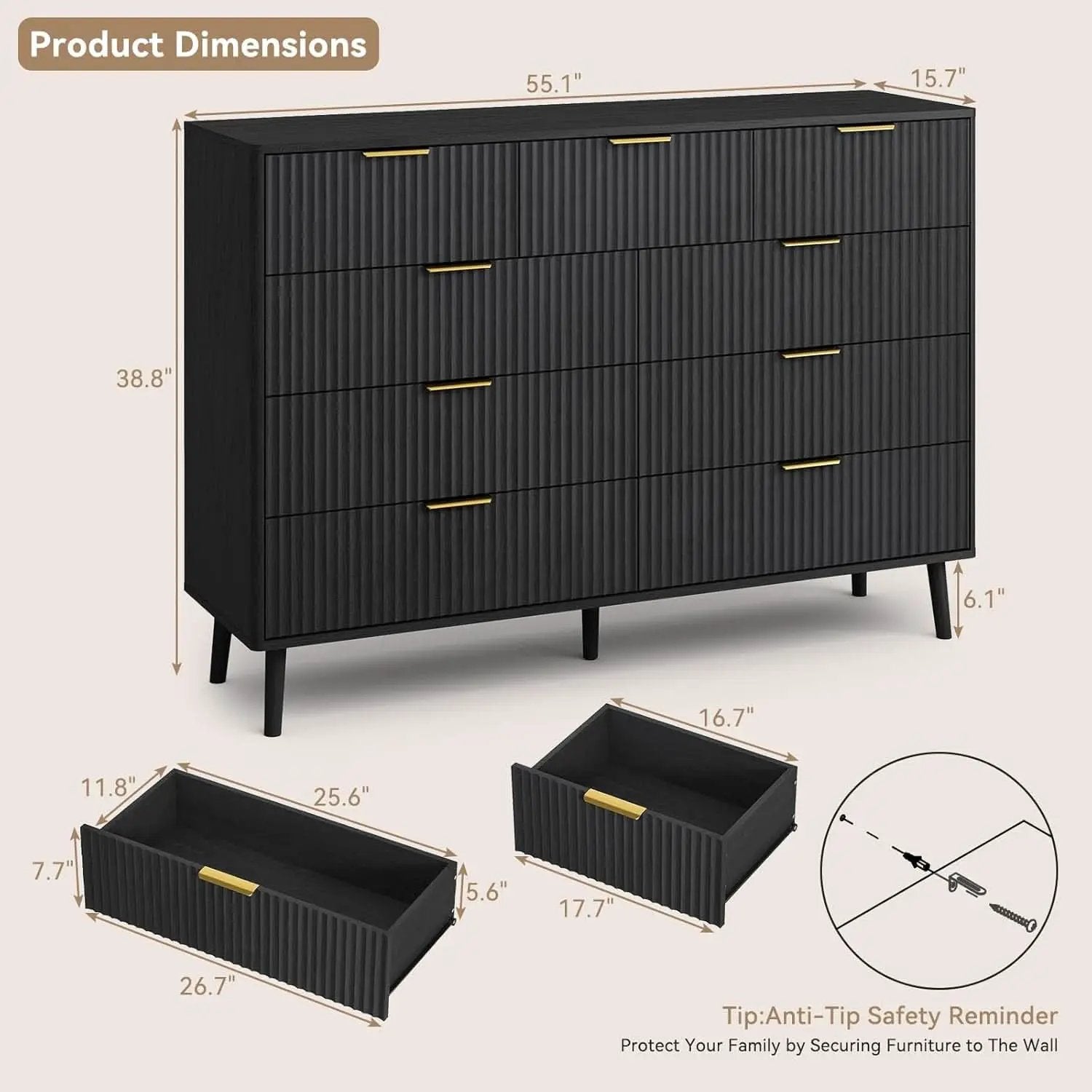 Fluted Nine Drawer Dresser 55 Inch Matte Black With Gold Handles from PriceLows™