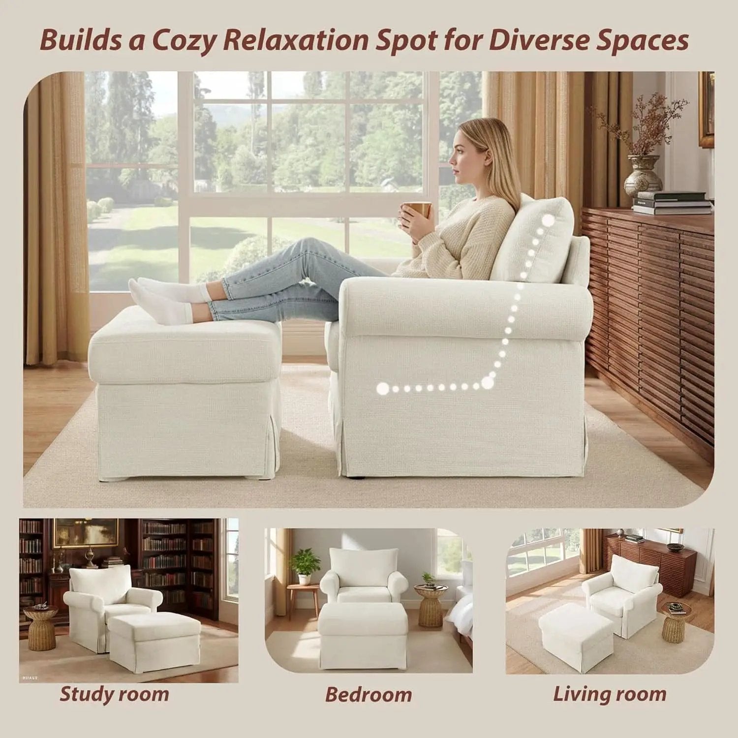 Beige Chenille Contemporary Ottoman Reading Chair Set from PriceLows™