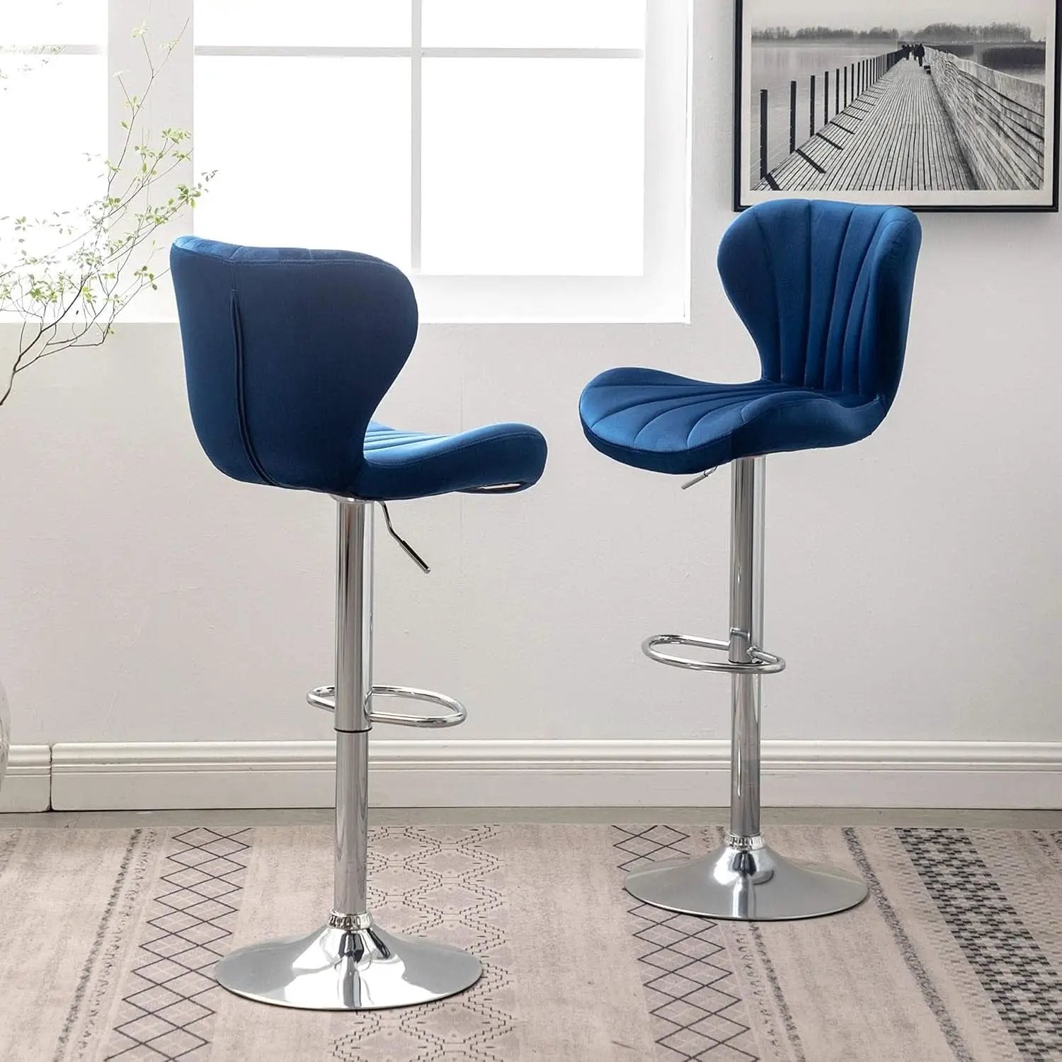 Blue Velvet Adjustable Swivel Bar Stools Set of 2 Modern from PriceLows™