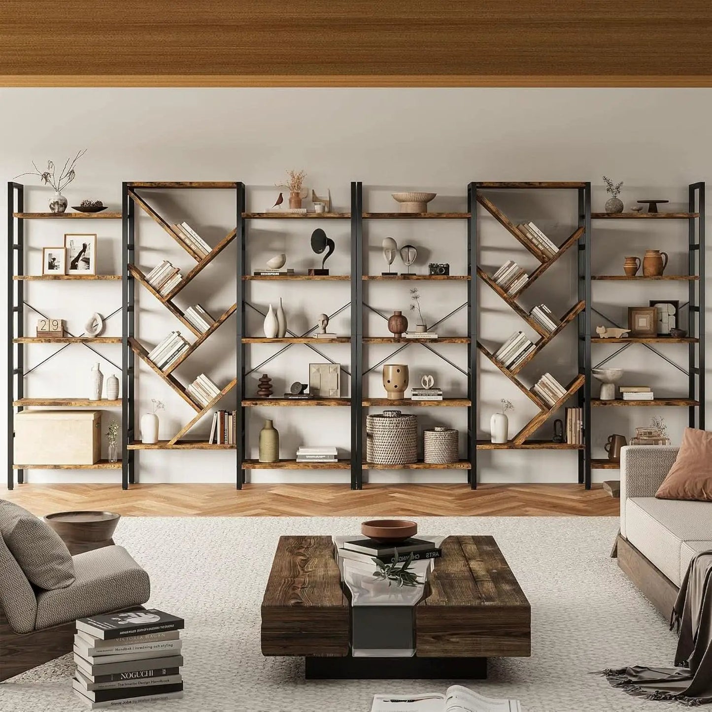 Rustic Brown 5 Tier Wooden Bookcase With Metal Frame from PriceLows™
