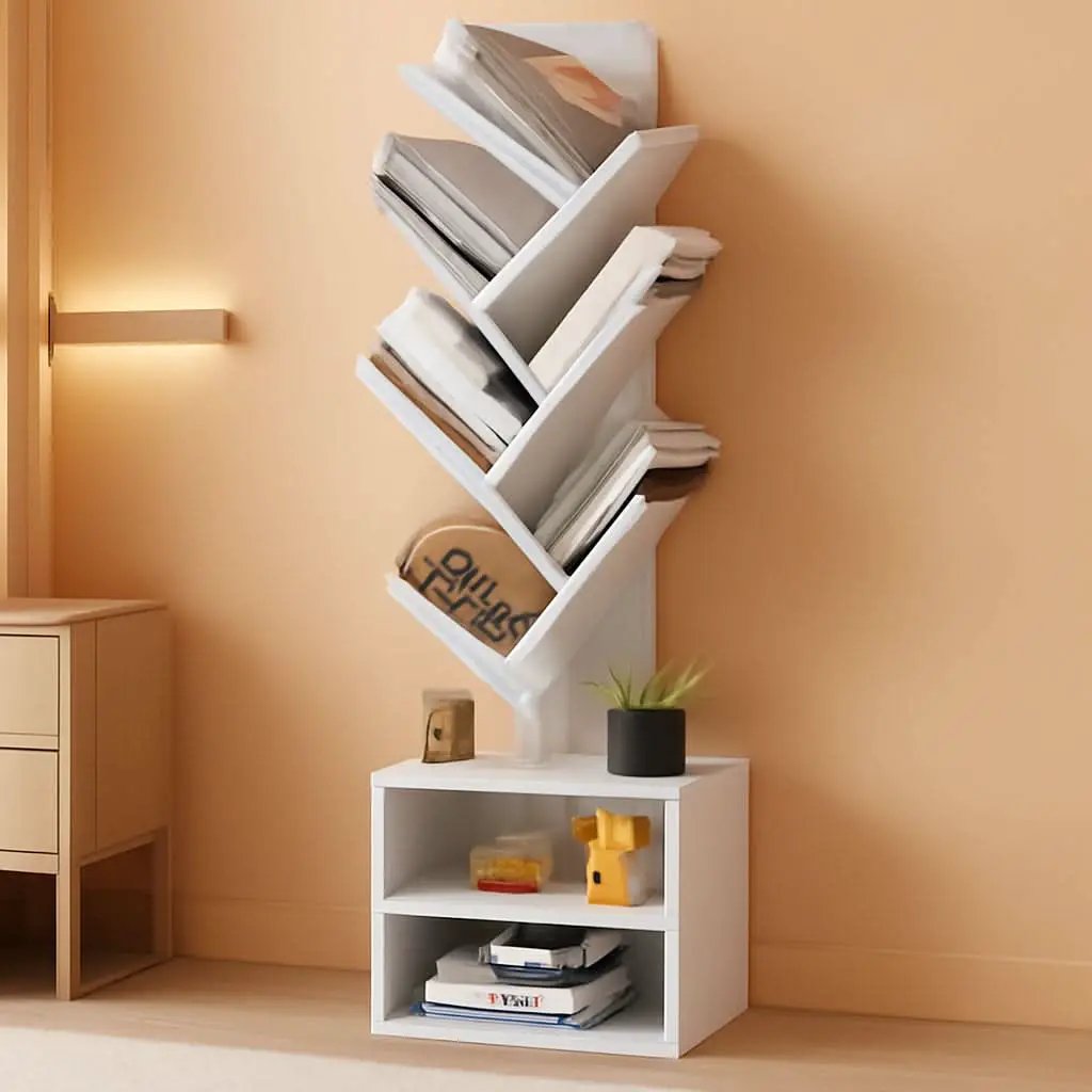 6 Tier Tree Bookshelf Tall Bookcase With Storage Cabinet White from PriceLows™