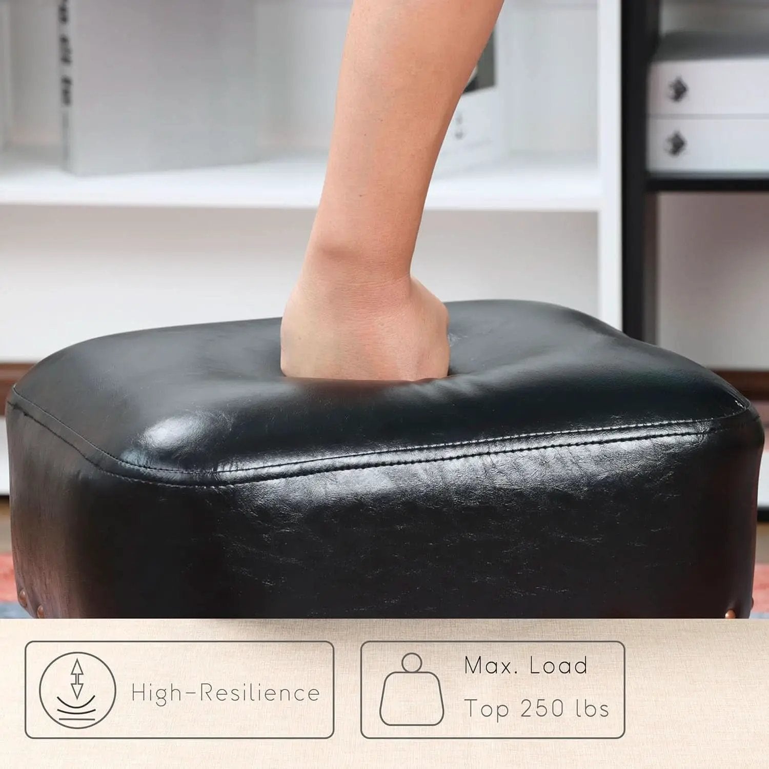 Black Leather Ottoman Footstool With Thick Padded Foam from PriceLows™