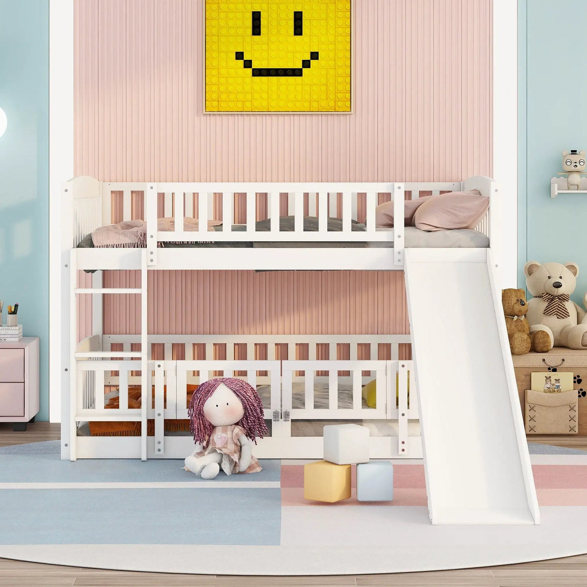Low Bunk Bed With Slide | Fence And Ladder | Built-In Play Area | Kids Bedroom