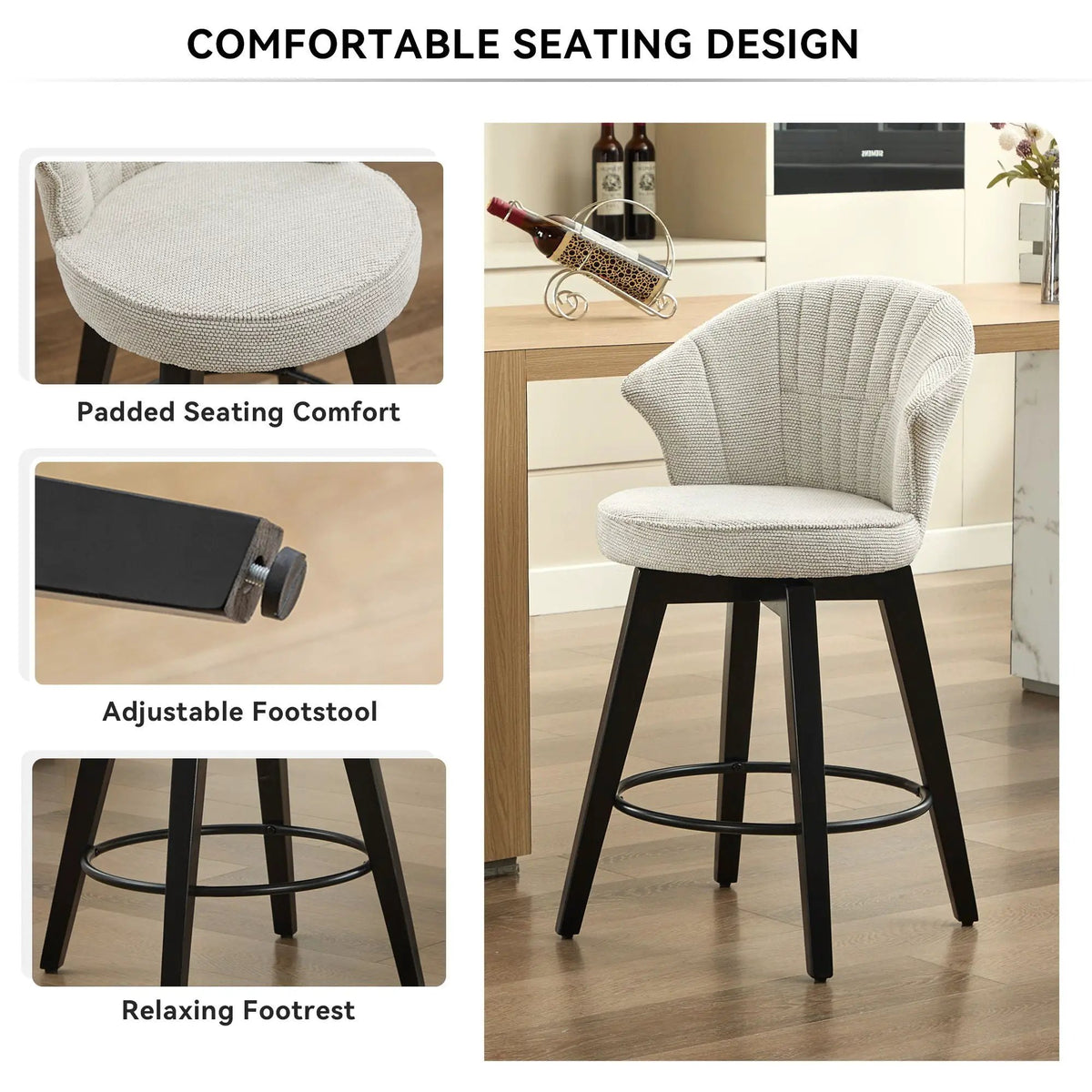 Wing Back Swivel Bar Stools | Set Of 2 | 360 Degree Silent Swivel | Adjustable Leveling Feet