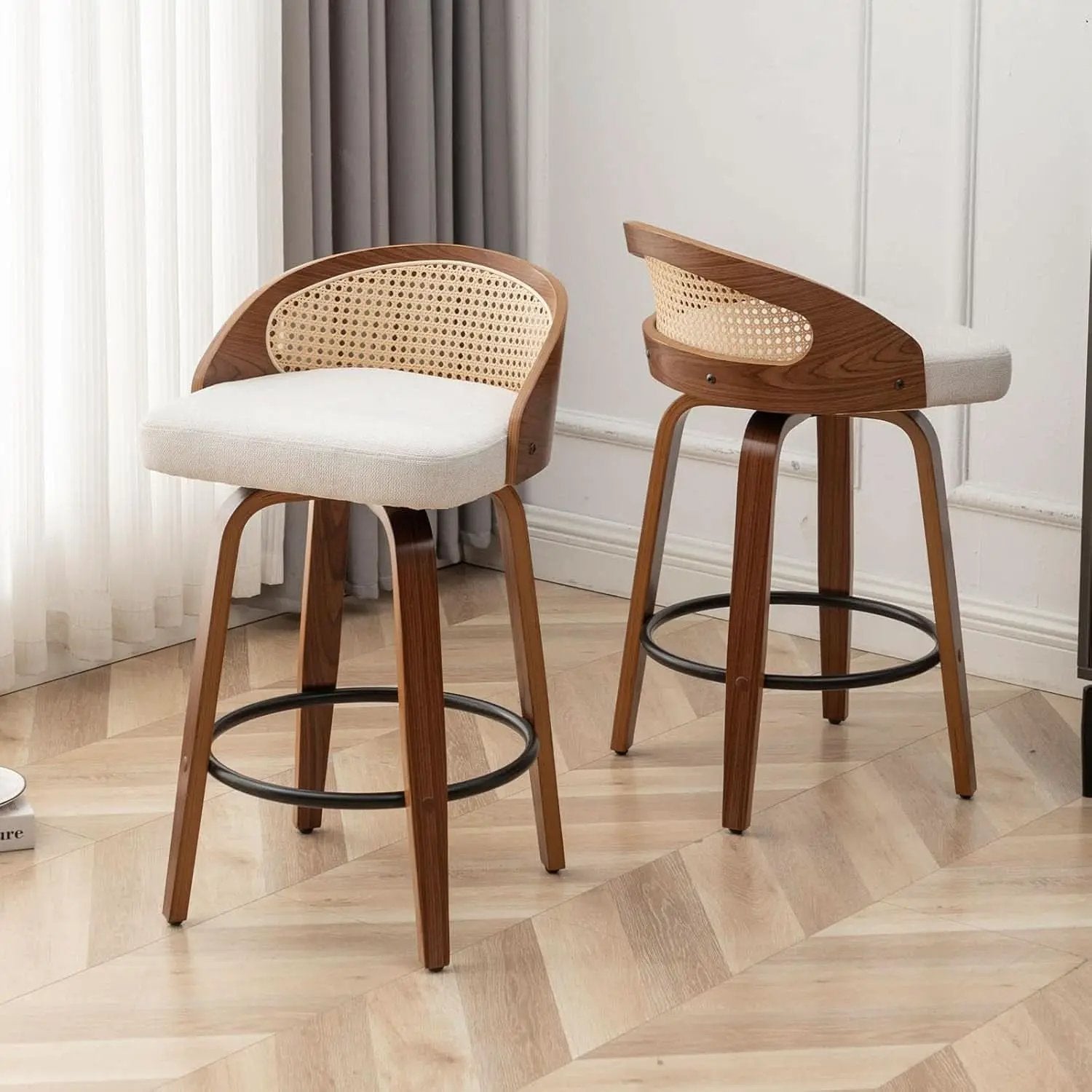Set Of Two 25 Inch Beige Rattan Swivel Counter Stools With Linen Upholstery Mid Century Modern from PriceLows™