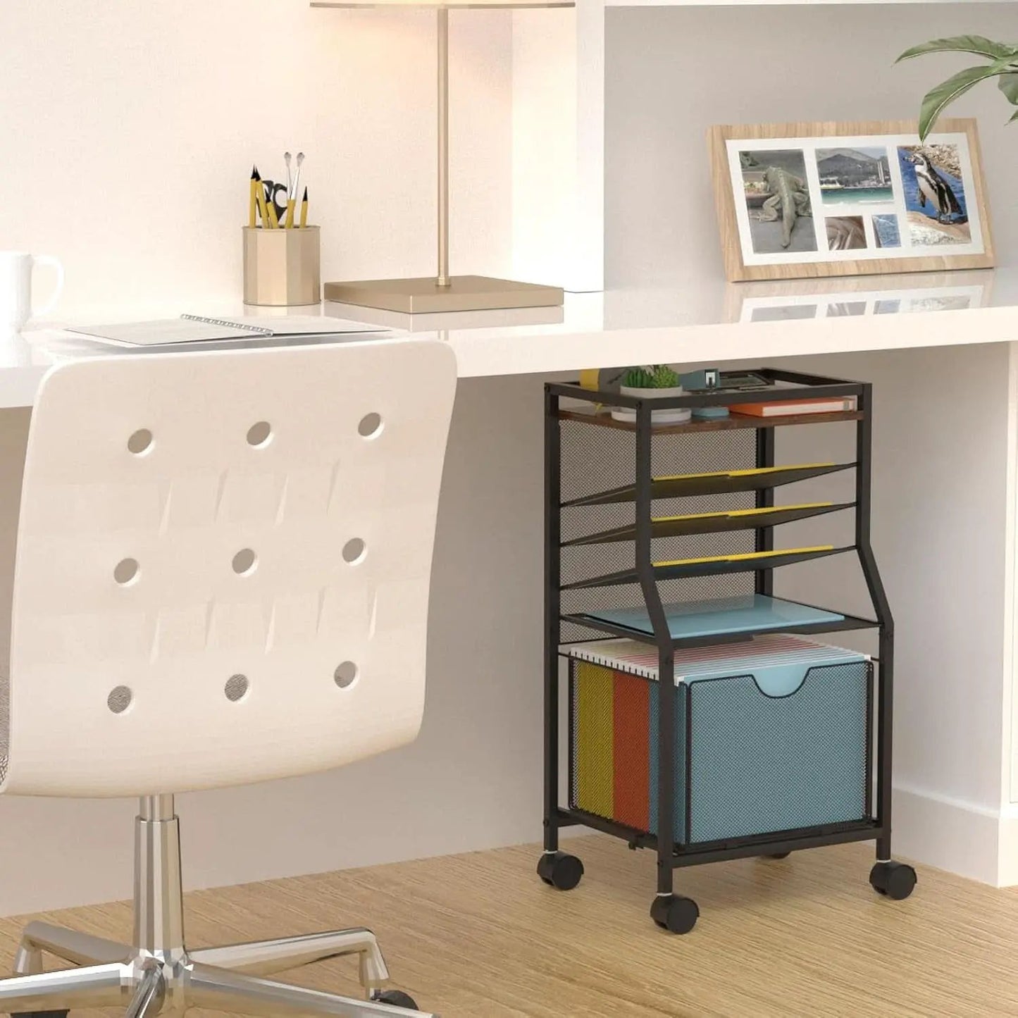 Brown Wood 6 Tier Rolling File Cart With Lockable Wheels from PriceLows™