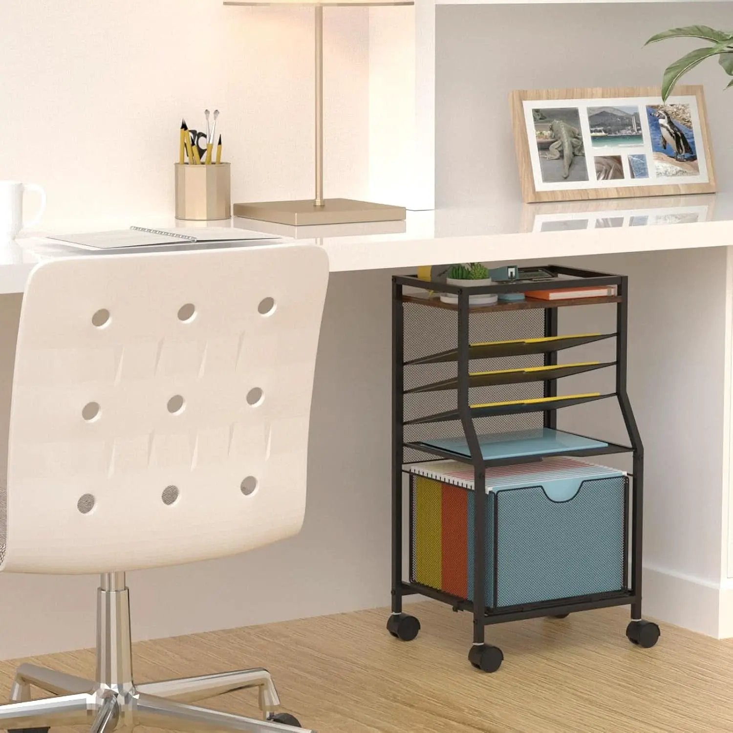 Brown Wood 6 Tier Rolling File Cart With Lockable Wheels from PriceLows™