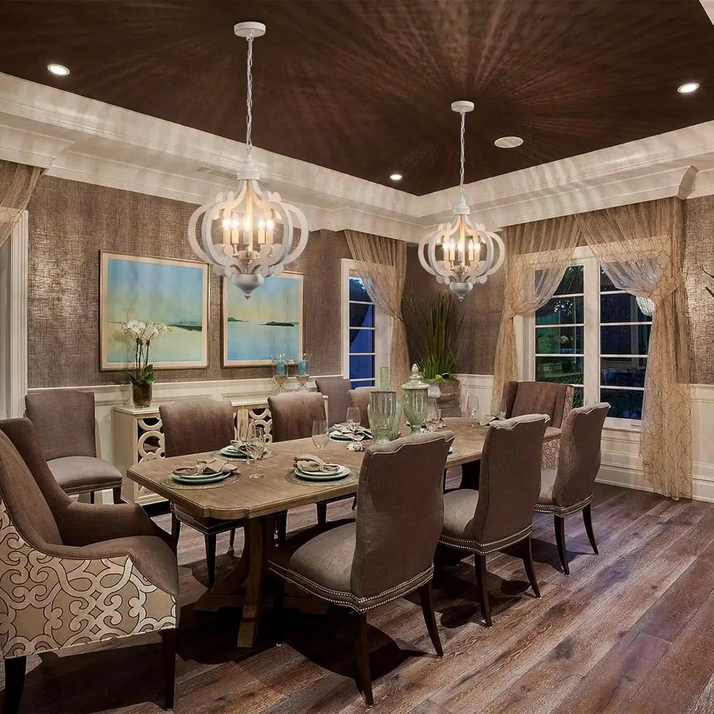 Wooden Farmhouse Chandelier Distressed White Five Lights from PriceLows™