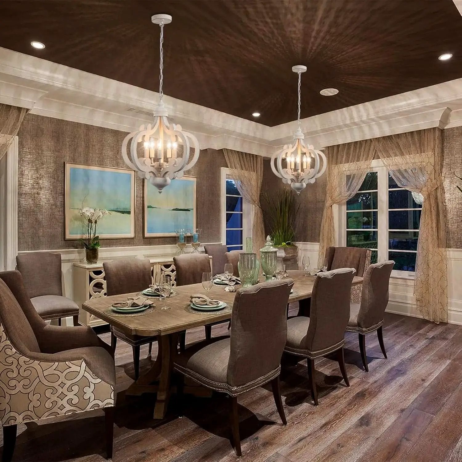 Wooden Farmhouse Chandelier Distressed White Five Lights from PriceLows™