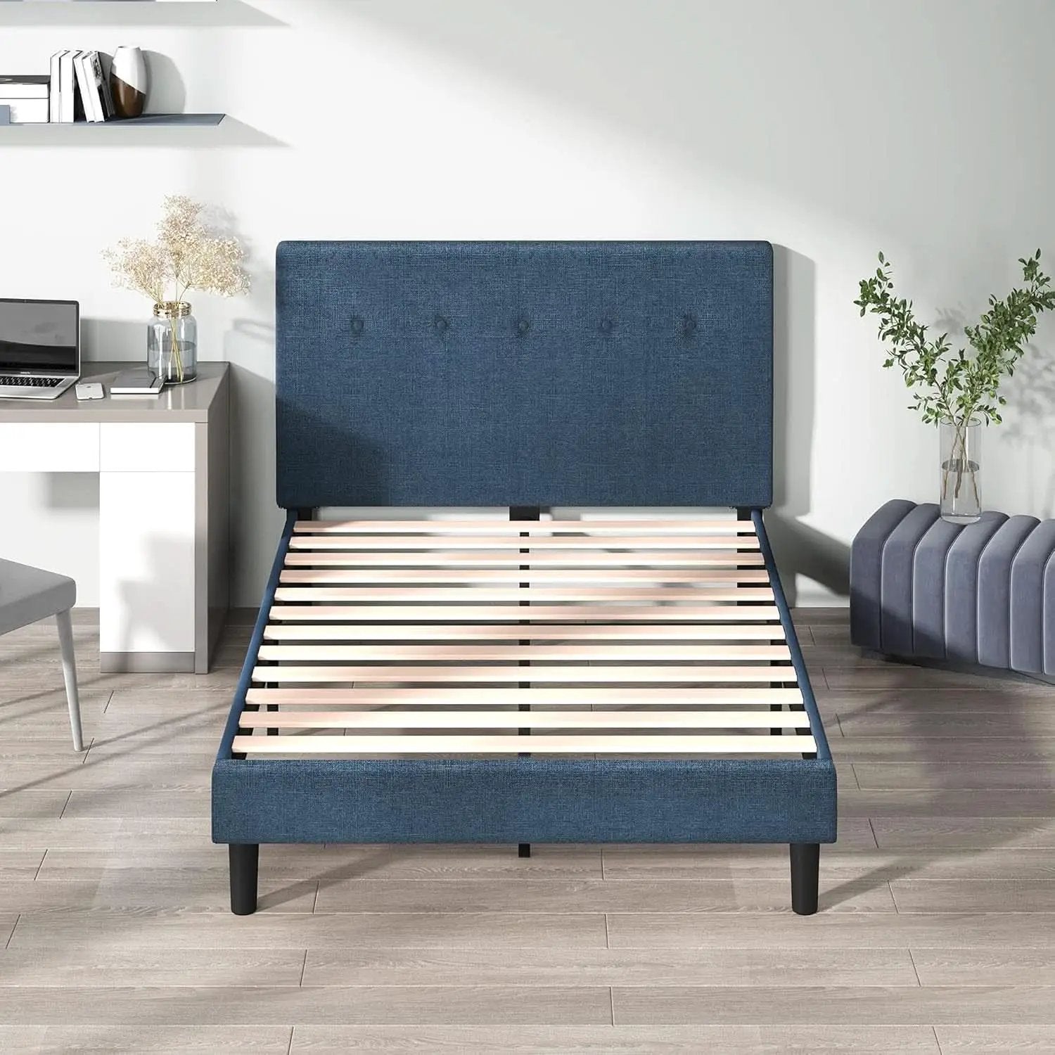 Omkaram Navy Upholstered Platform Bed Frame No Box Spring from PriceLows™