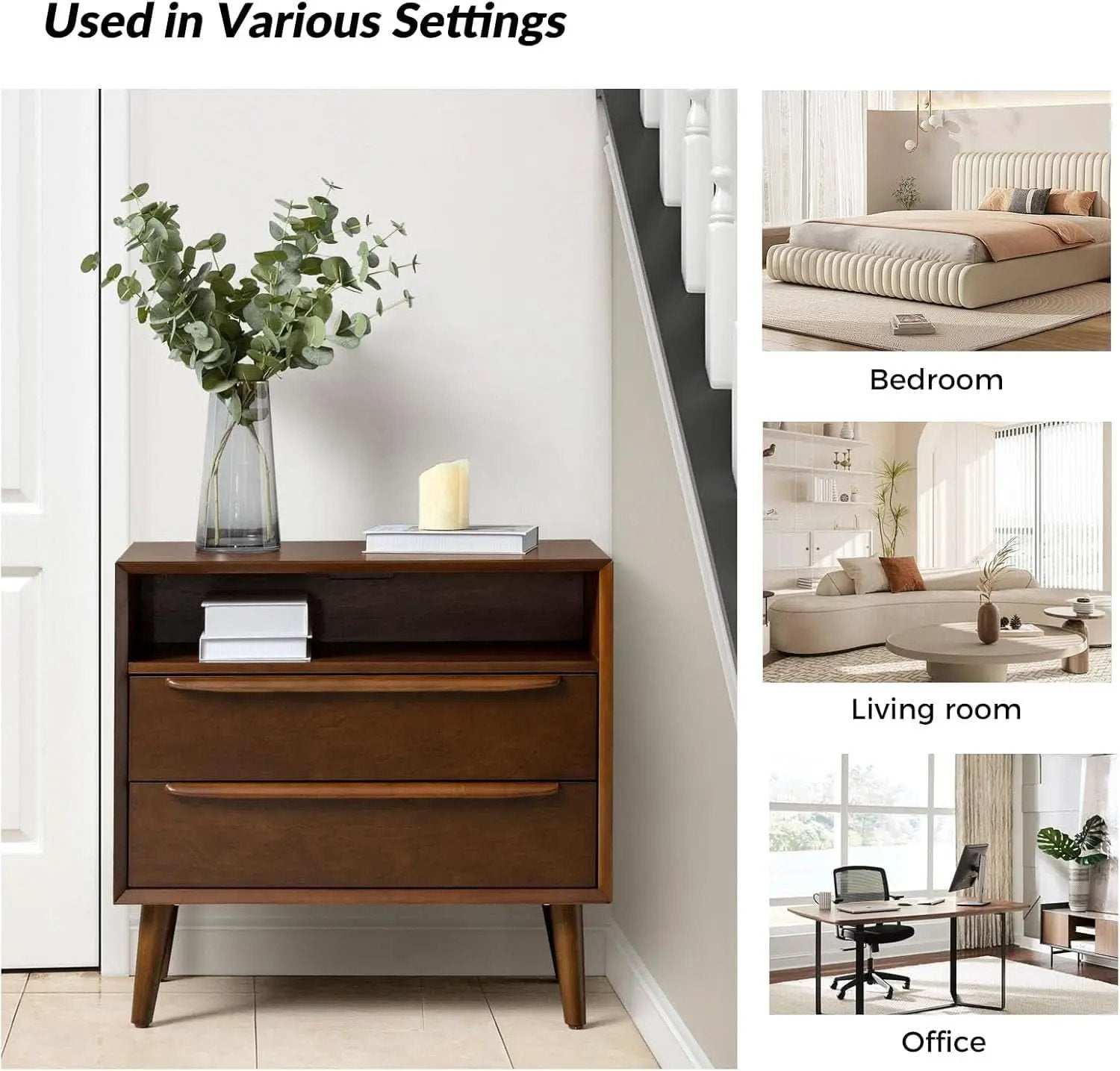 Nightstand With Charging Station Walnut Mid Century Modern from PriceLows™