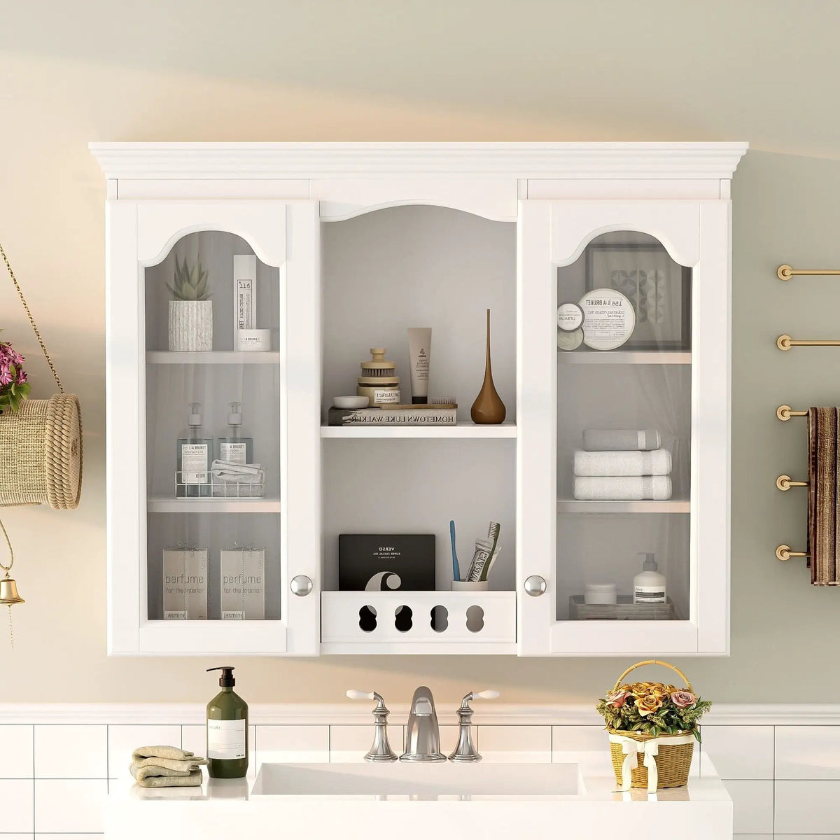 Wall-Mounted Medicine Cabinet | 2 Glass Doors | Adjustable Shelves | White