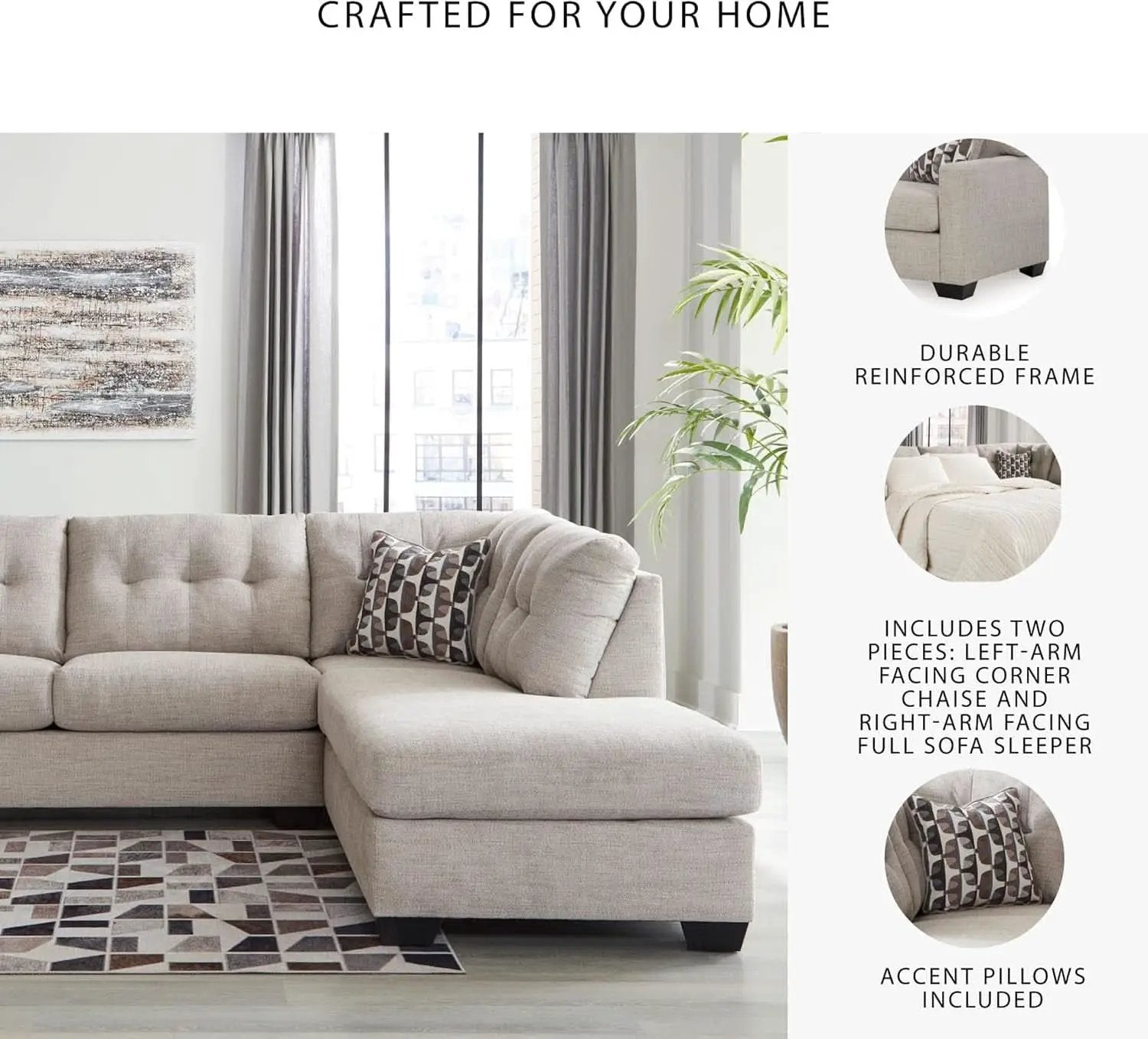 Beige Sleeper Sectional Featuring Chaise Memory Foam from PriceLows™