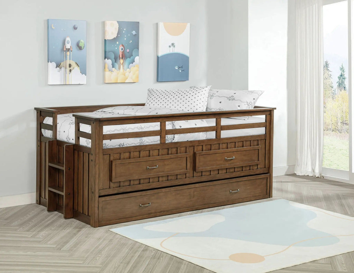 Carlsbad Wood Twin Captains Bed With Trundle Medium | 83.5 x 44.75 x 36.25 in | Pine Wood & Mdf | Brown