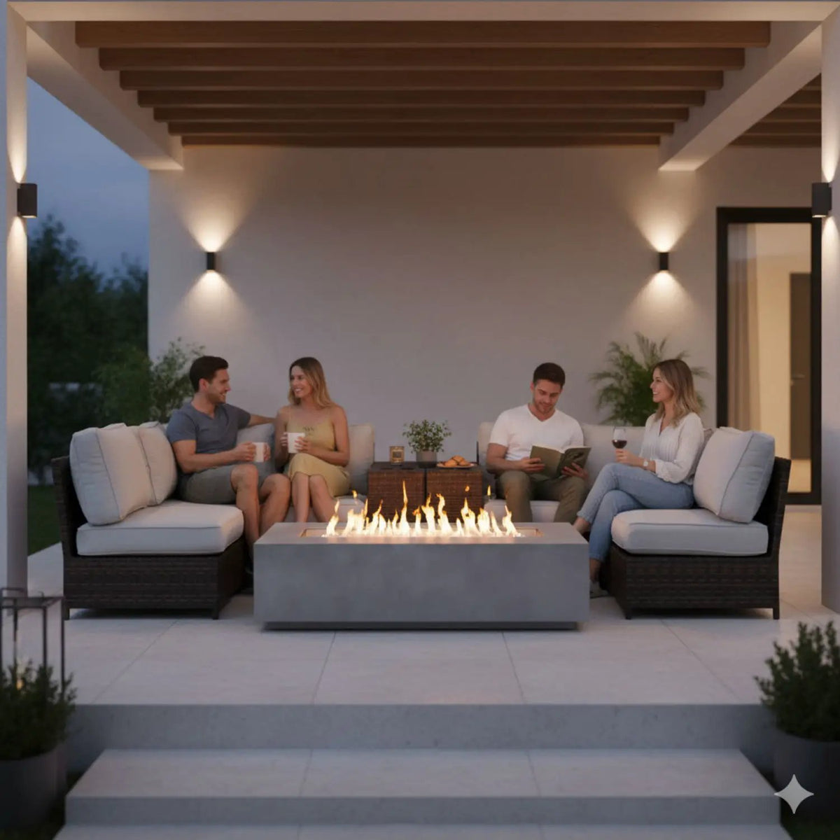 Outdoor Conversation Set | Fire Pit Included | 5 Inch Olefin Cushions | Espresso HDPE Wicker