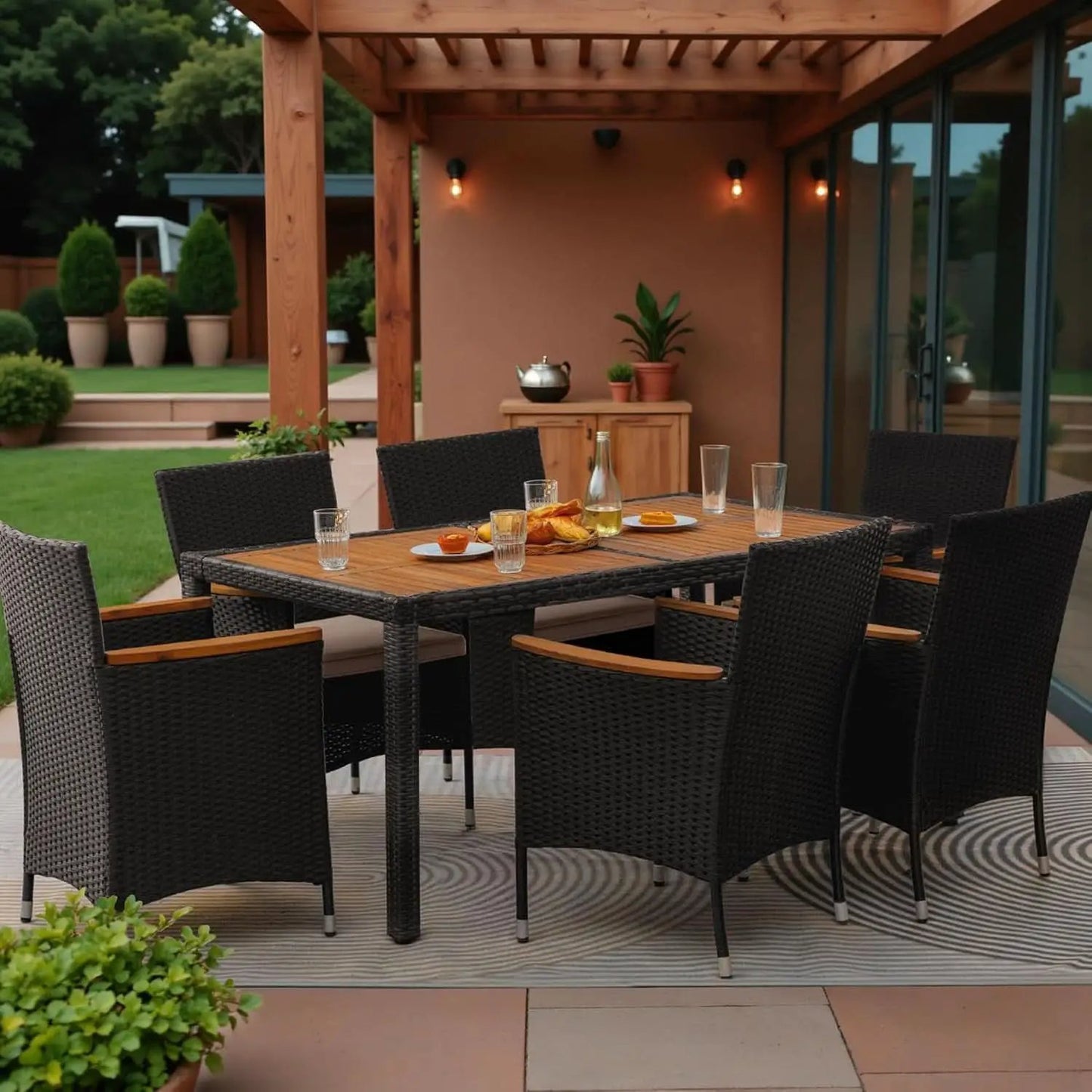7 Piece Outdoor Patio Dining Set Black Rattan Chairs from PriceLows™