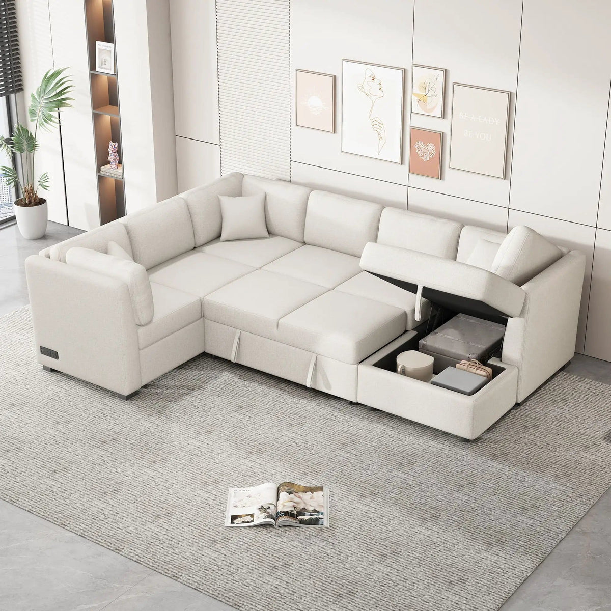 U-Shaped Sectional Sofa Pull Out Sofa Bed With Two USB Ports, Two Power Sockets | 3 Pieces | Fabric | Bedroom