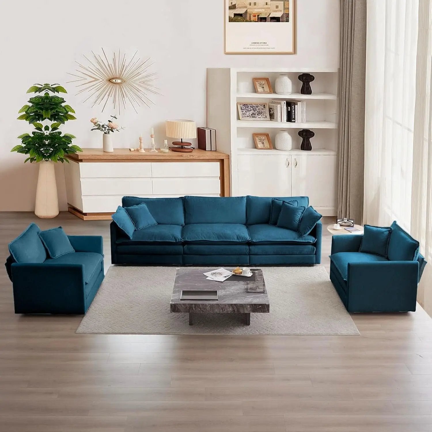 Blue Chenille Three Piece Sofa Set With Seven Pillows from PriceLows™