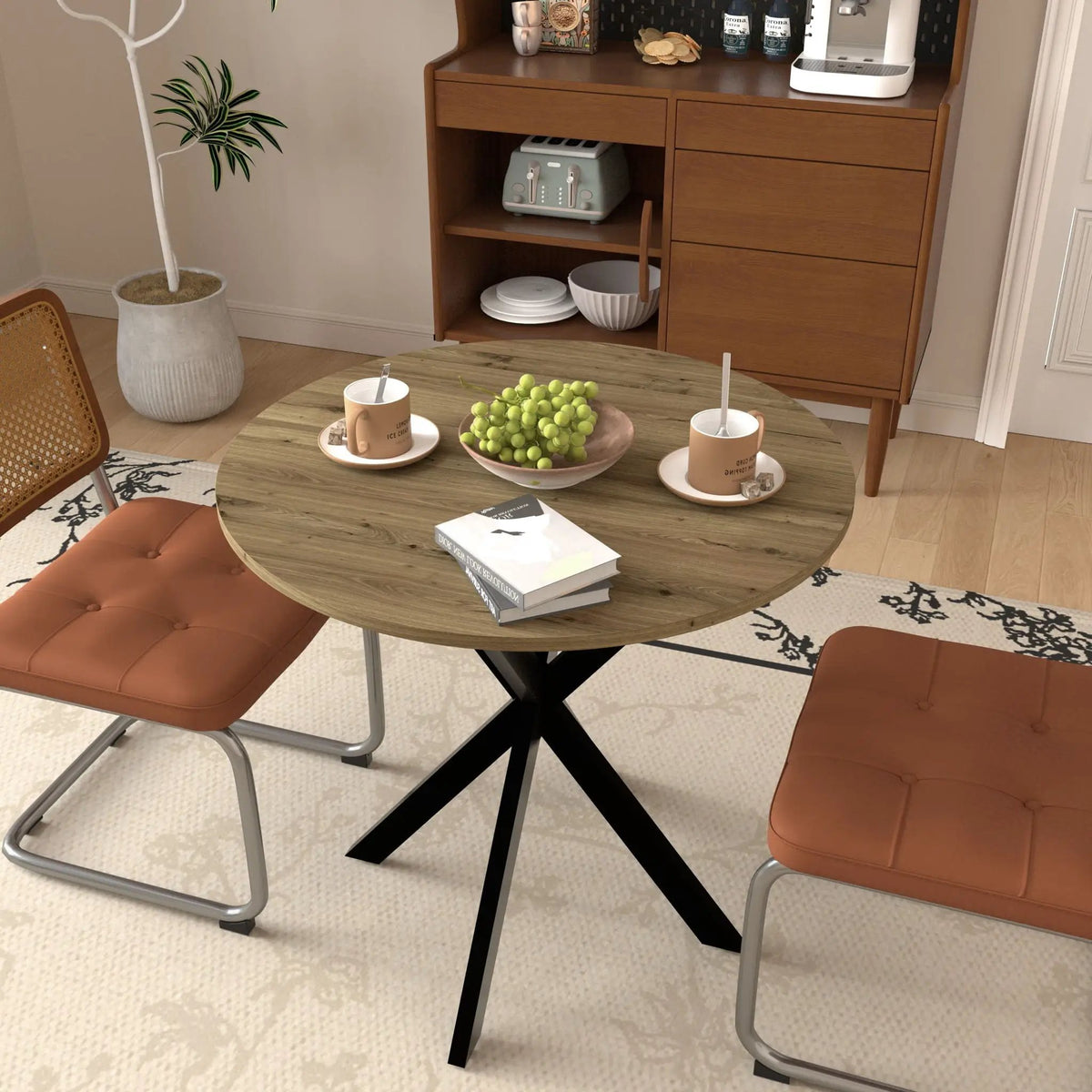 Round Dining Table | Industrial Metal Base | Rustic Brown Top | 31.5 Inch