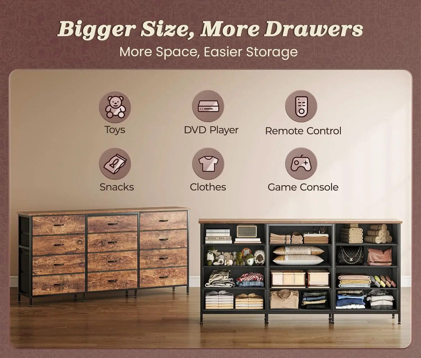 63Inch Dresser With Premium Fabric Drawers RusticBrown from PriceLows™