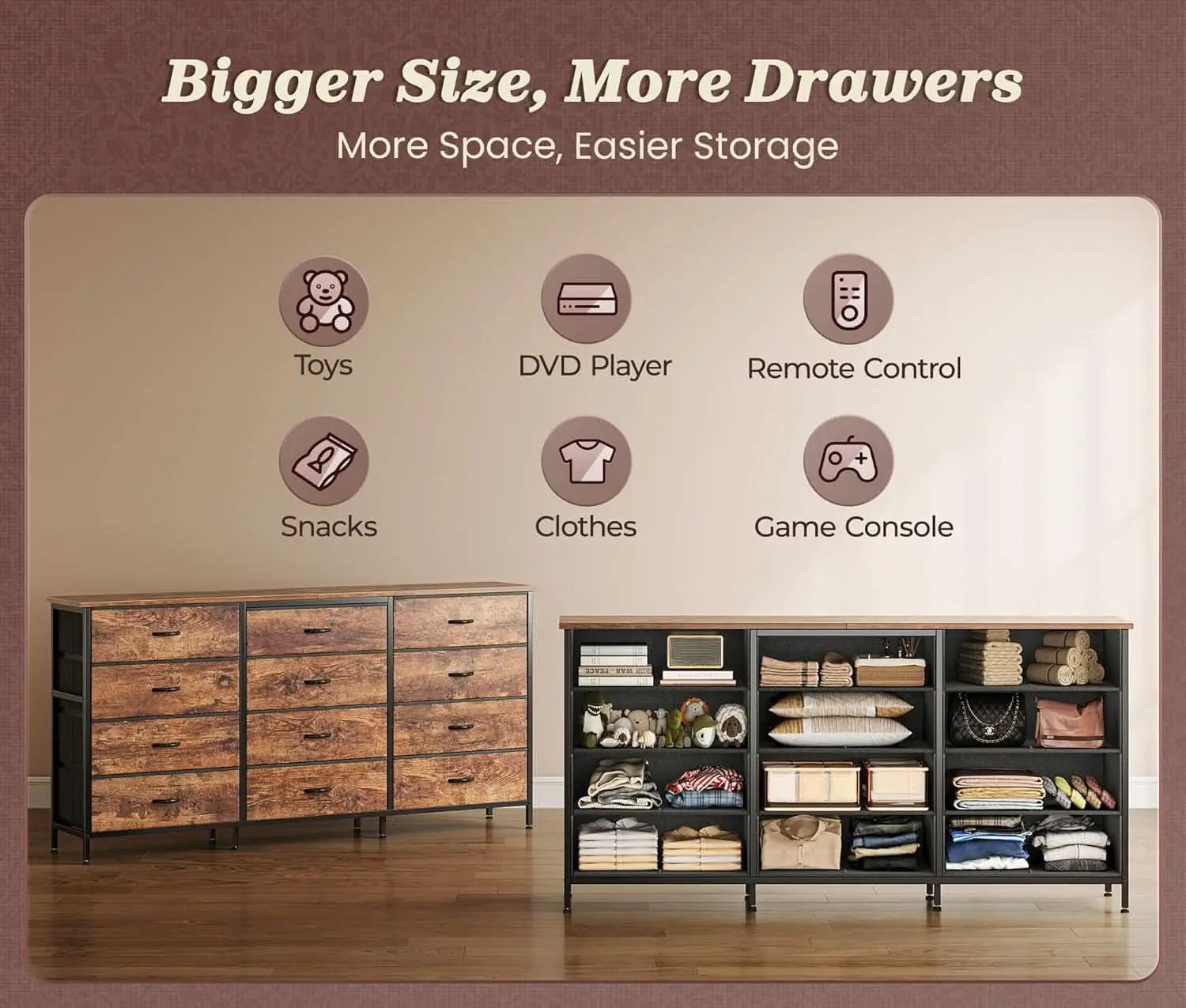63Inch Dresser With Premium Fabric Drawers RusticBrown from PriceLows™
