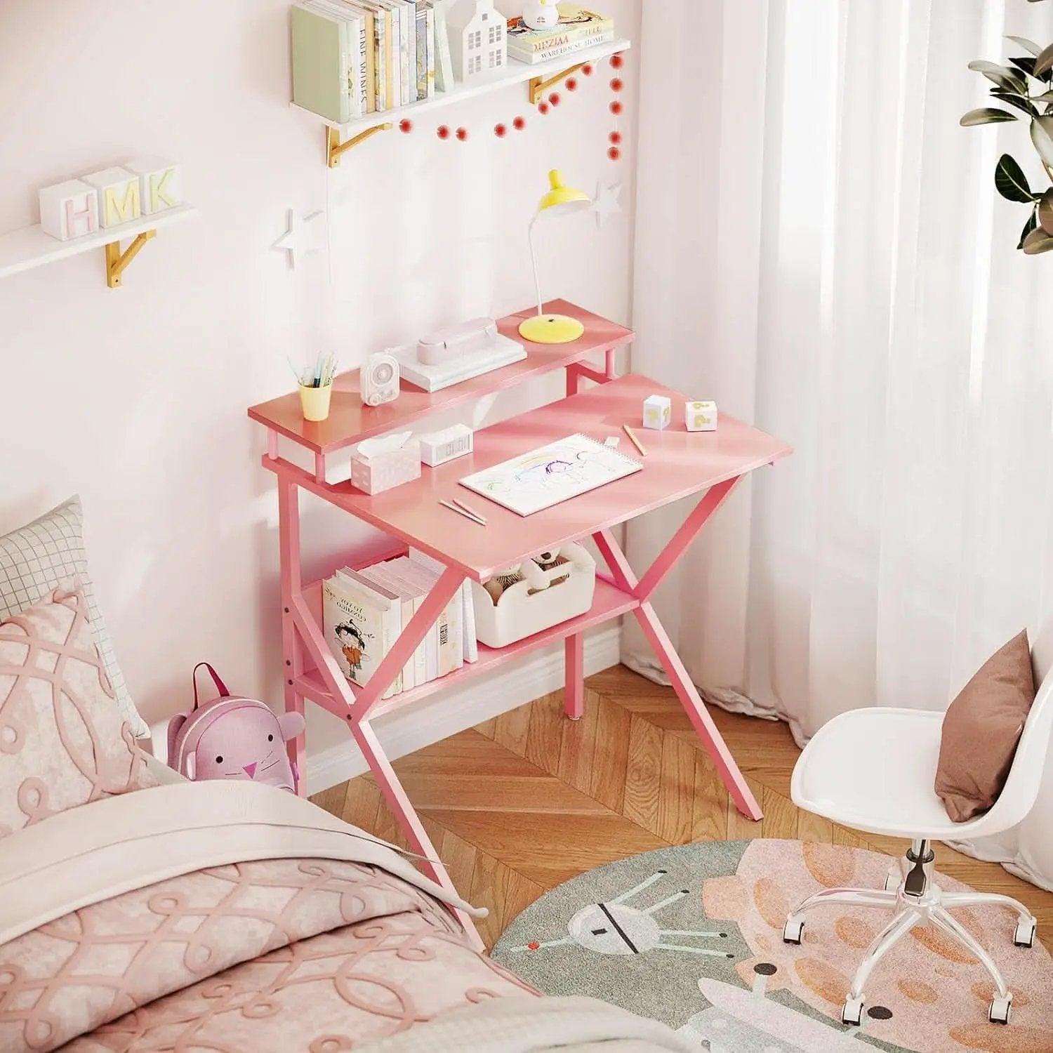 27.5-Inch Pink Desk With Monitor Stand For Small Spaces from PriceLows™