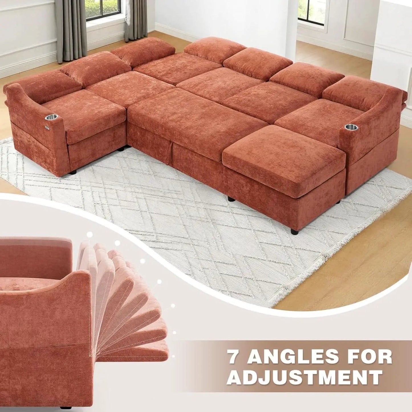 116Inch Orange Chenille Fabric Modular Sleeper Sofa USB from PriceLows™