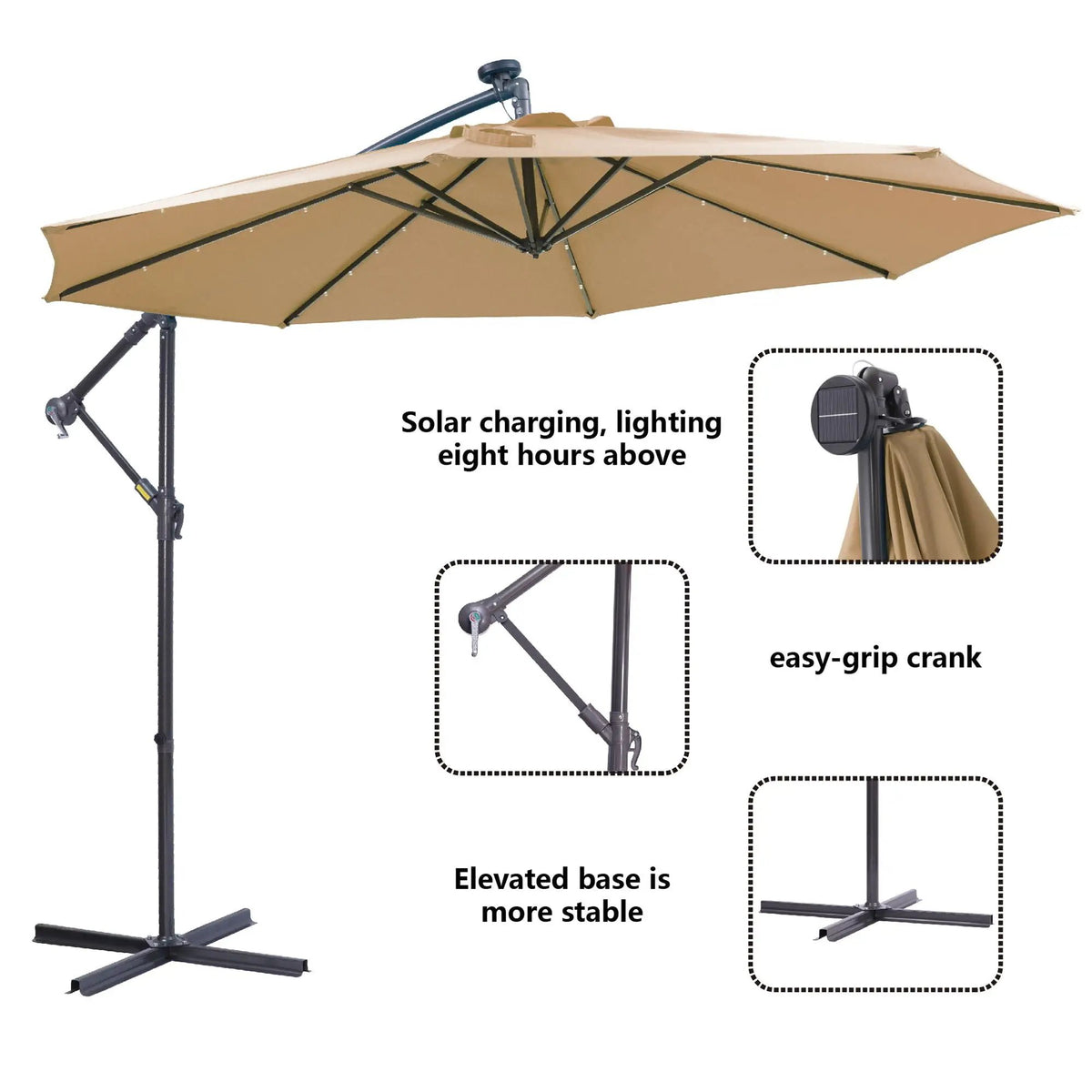 Outdoor Cantilever Patio Umbrella | 10 Ft | 32 Solar Led Lights | Taupe