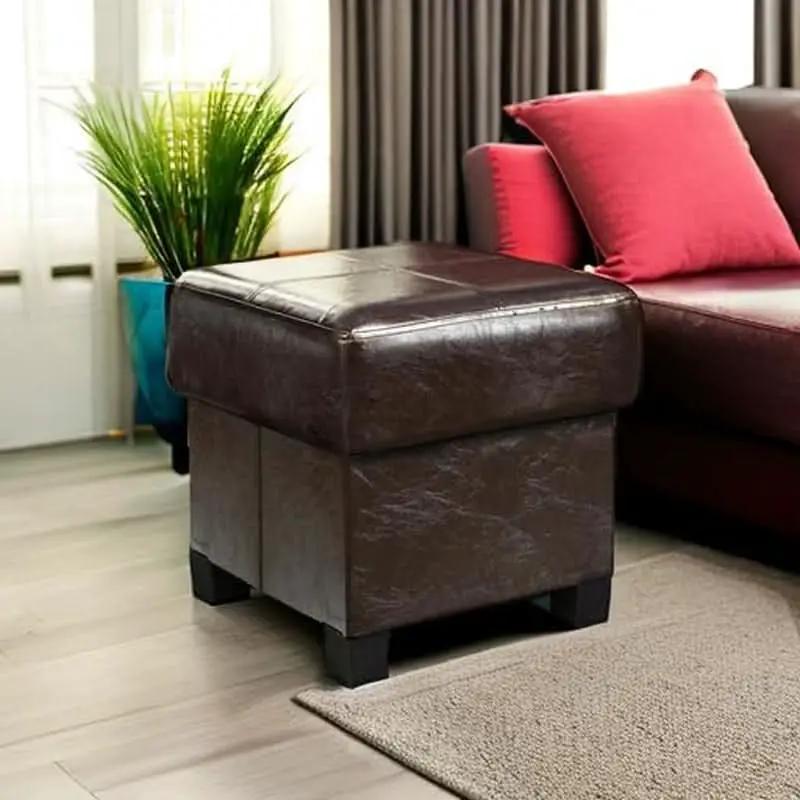 Brown PU Leather Storage Ottoman Featuring CushionedTop from PriceLows™