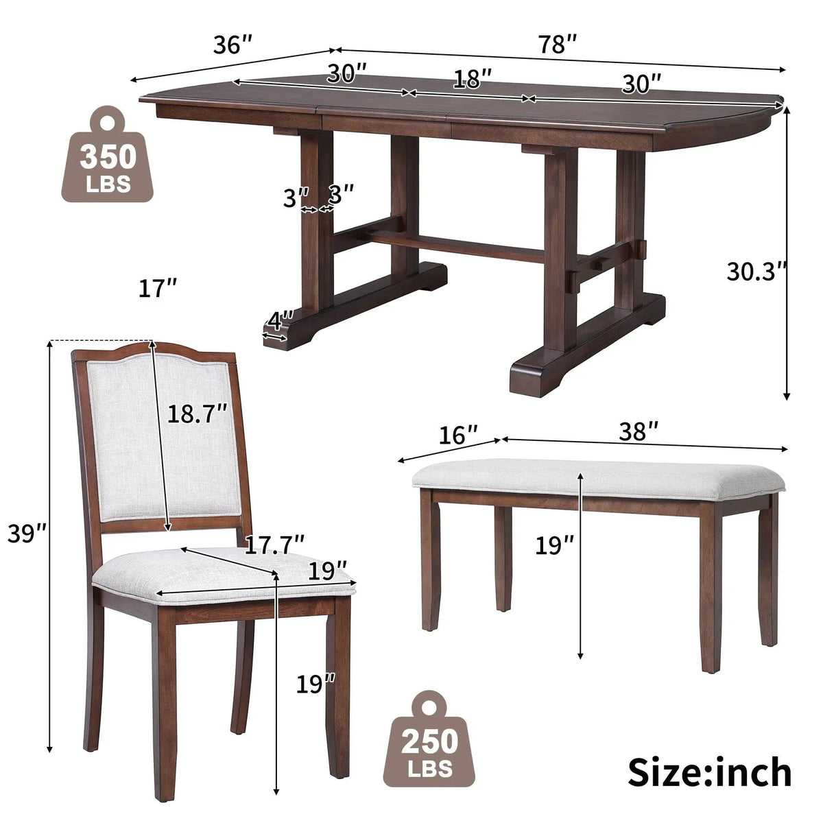 6 Piece Extendable Dining Table Set, Wood Table With Removable Leaf, 4 Upholstered | 6-Piece Set | Solid Wood & Linen | Cherry