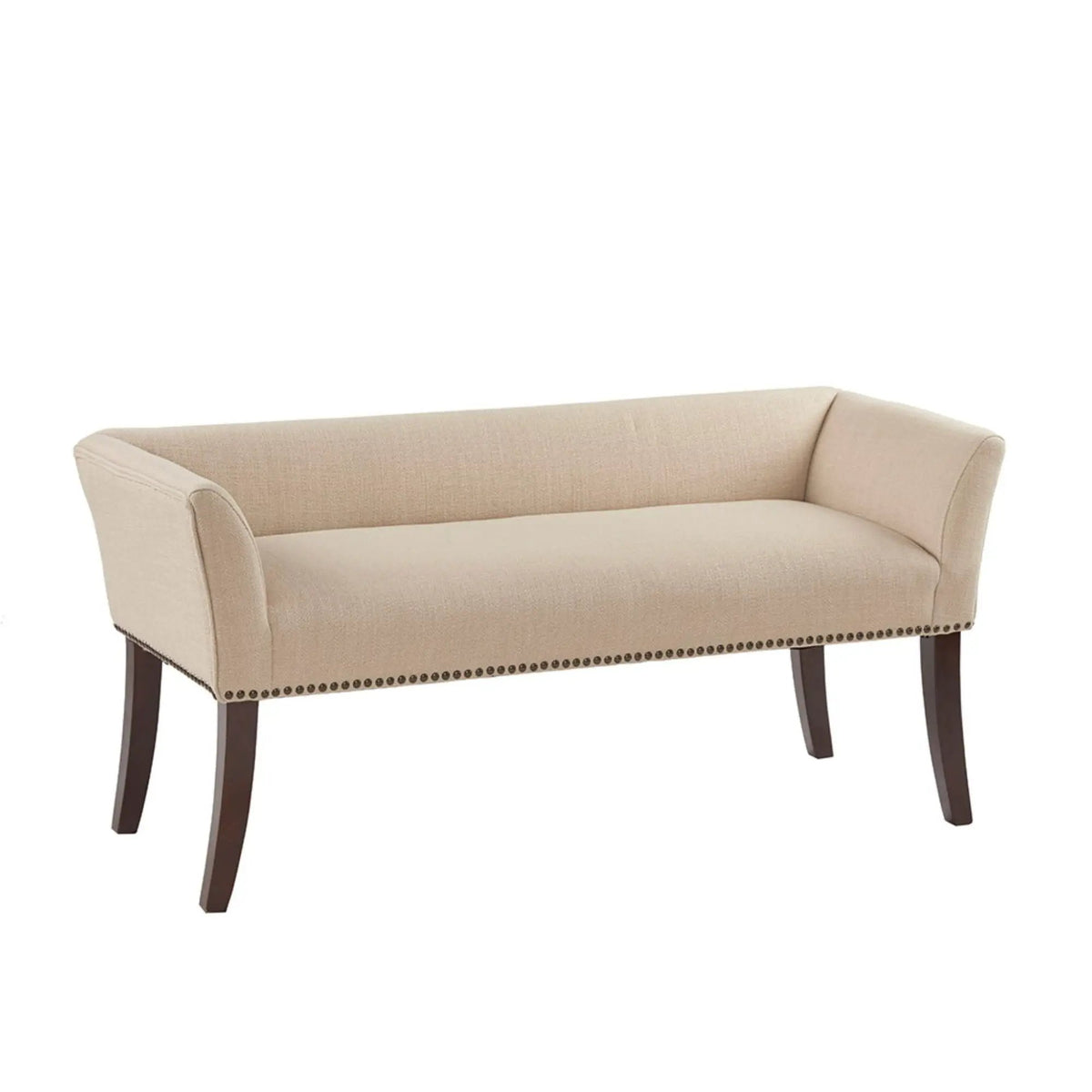 Upholstered Bench | Solid Wood Frame | Low Back And Flared Arms | Nailhead Trim