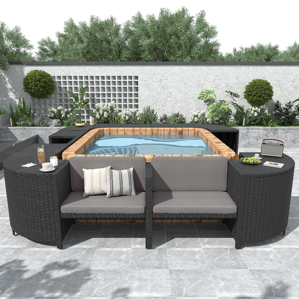Outdoor Spa Surround Sofa | Rattan And Steel | Waterproof Cushions | 4 Piece