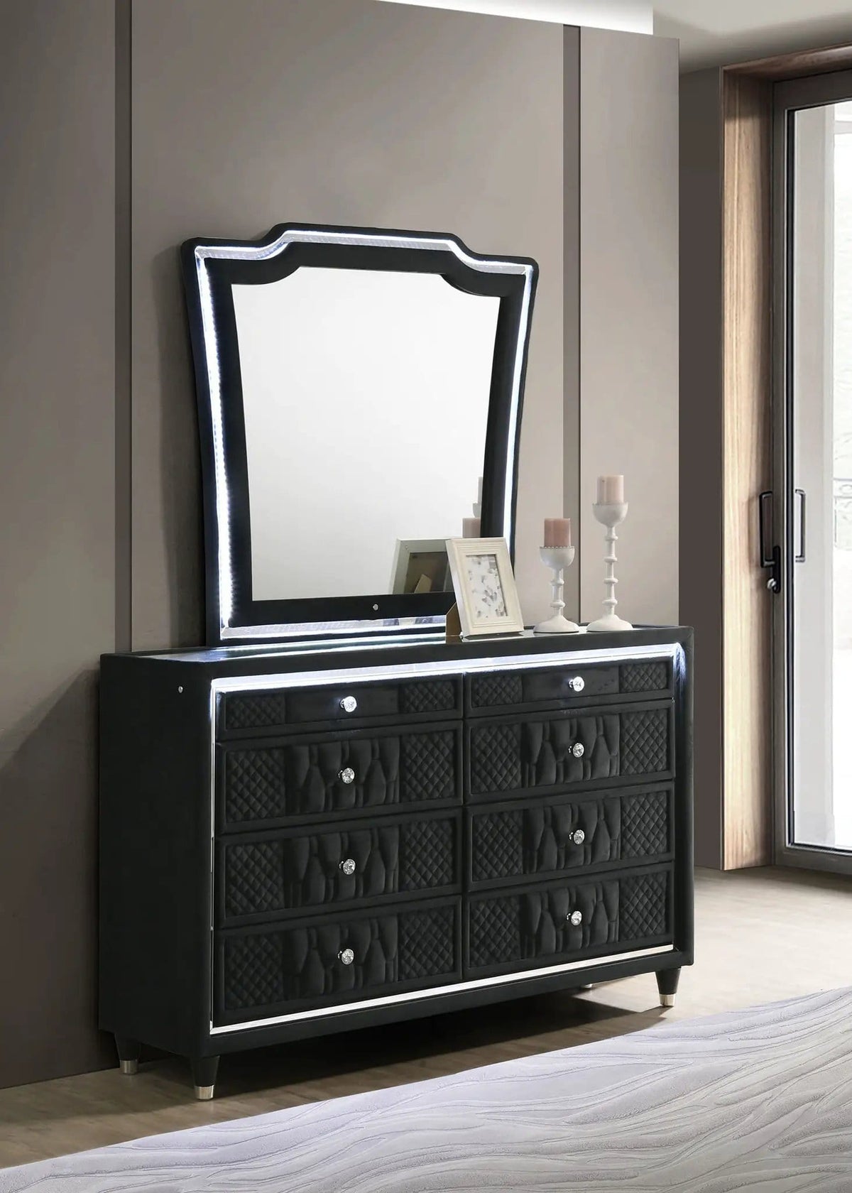 Lorient 8-drawer LED Dresser with Mirror | 60.5 x 16 x 38.25 in | Rubberwood & Velvet | Black