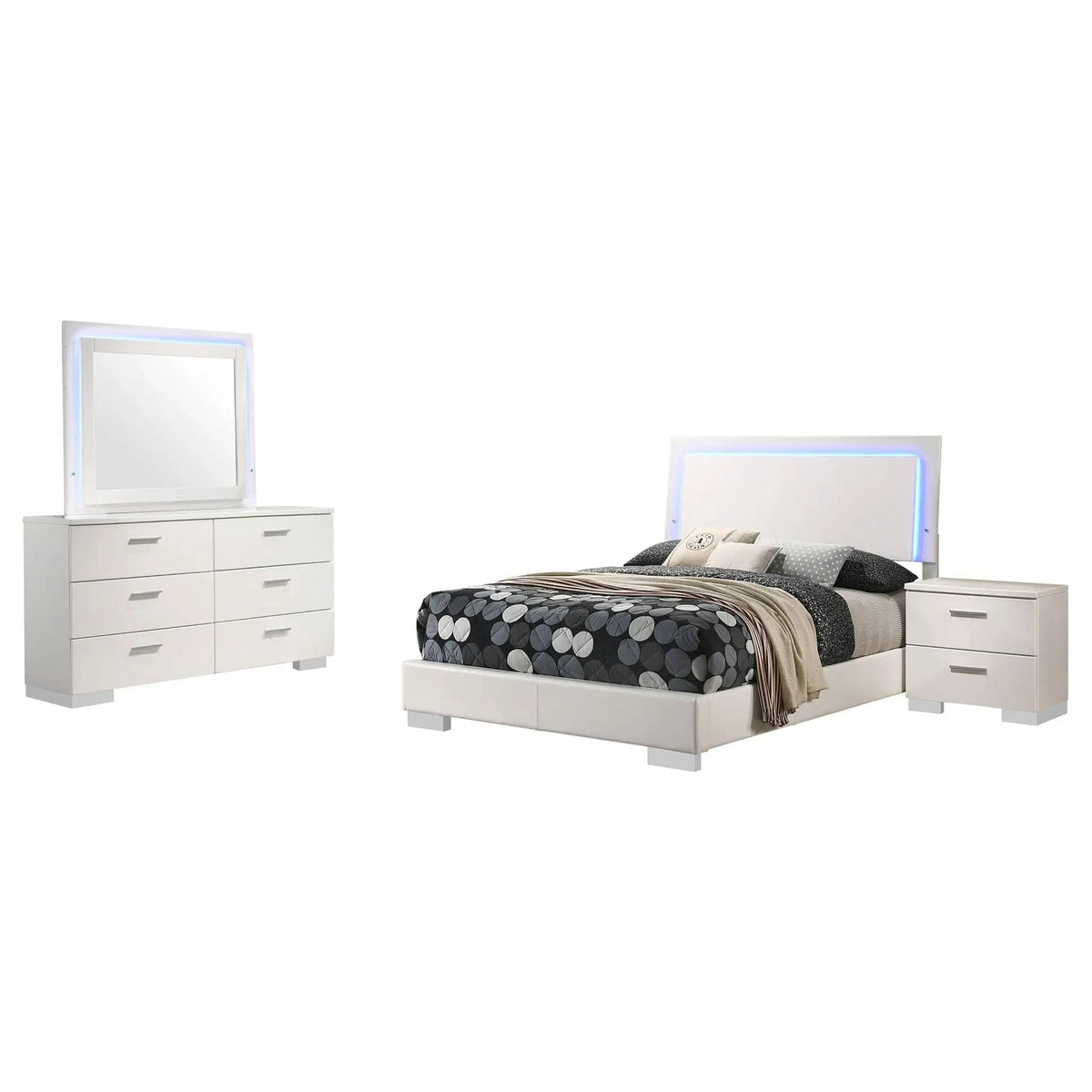 Felicity 4-piece Full Bedroom Set White High Gloss | 4-Piece Set | Faux Leather | Bedroom