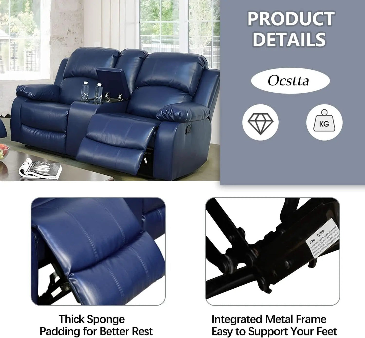 Manual Leather Recliner Sofa Set Blue Living Room Furniture from PriceLows™