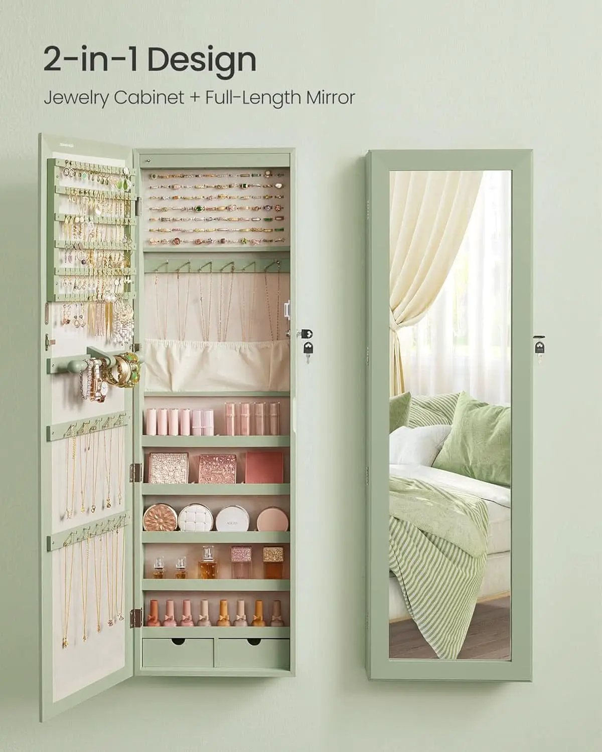 Laurel Green 47 Inch Tall Lockable Mirror Jewelry Armoire from PriceLows™