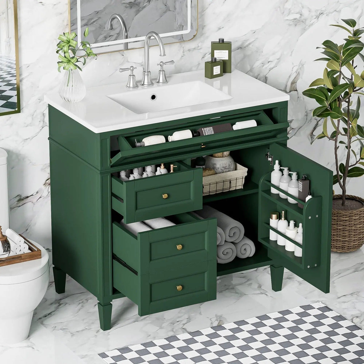 36 Inch Bathroom Vanity With Top Sink | 3 Drawers | Metal Drawer Slides | Ceramic Sink