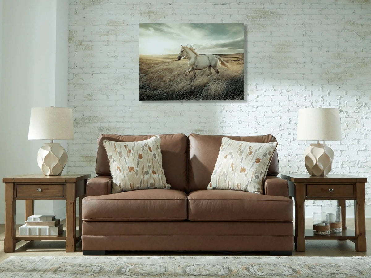 VillaCourt Loveseat | 67 x 40 x 38 in | Faux Leather & Wood | Caramel