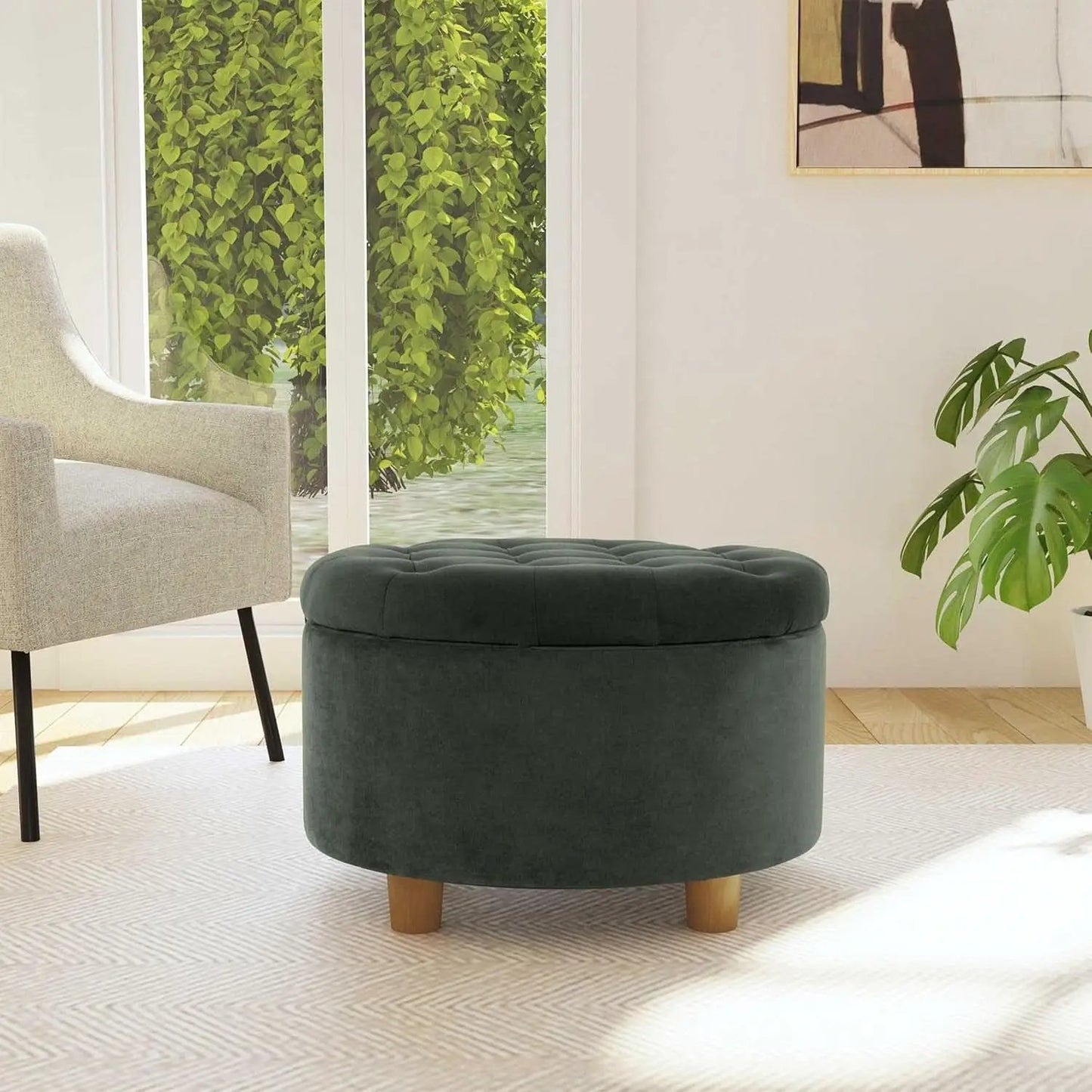 Handcrafted Loden Green Velvet Storage Ottoman 28In from PriceLows™