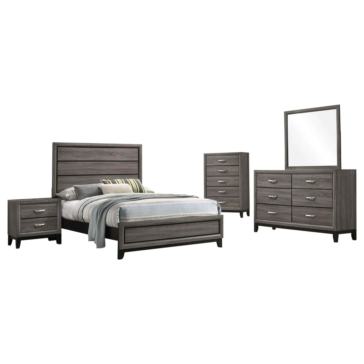 Watson Five-piece Full Bedroom Set Grey | 57.25 x 78.75 x 56.5 in | Rubberwood & Engineered Wood | Oak