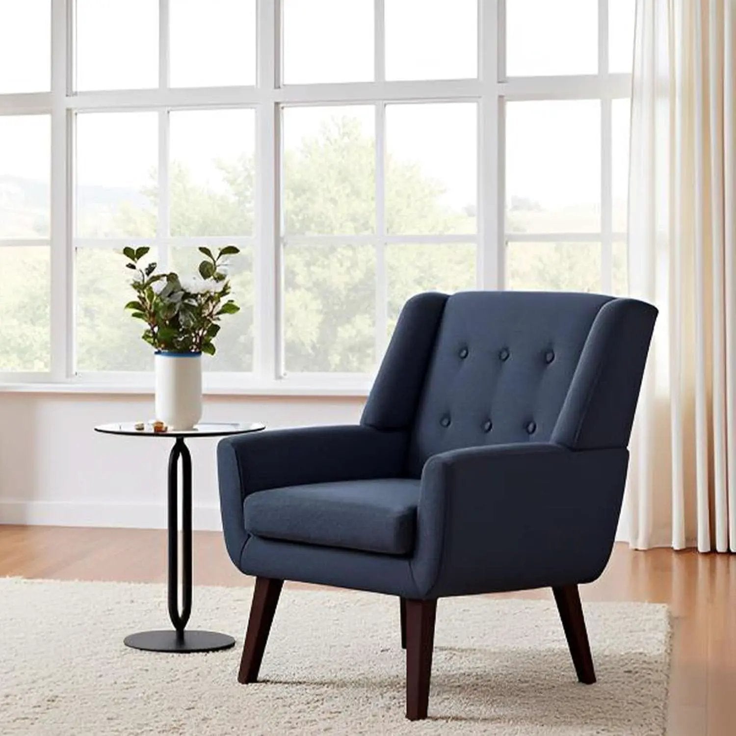 Dark Blue Linen Upholstered Tufted Midcentury Armchair from PriceLows™