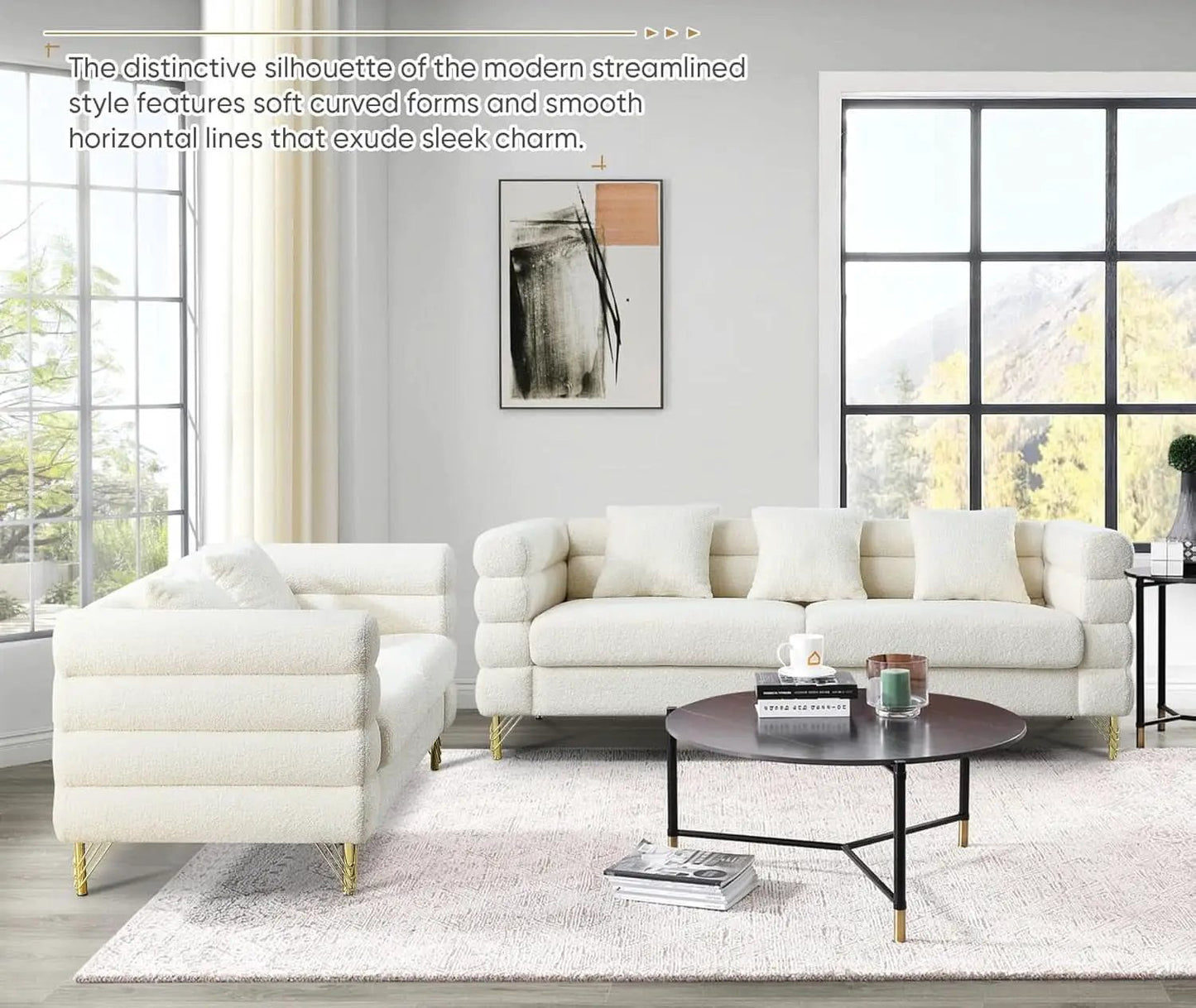 Two Piece Living Room Sofa Set White Teddy Boucle With Loveseat And Three Seater Deep Seat Cushioned Upholstered Sofa from PriceLows™