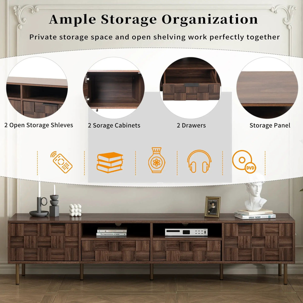 TV Stand | Media Console | 78.7 Inch with 2 Drawers 4 Cabinets | Mid Century